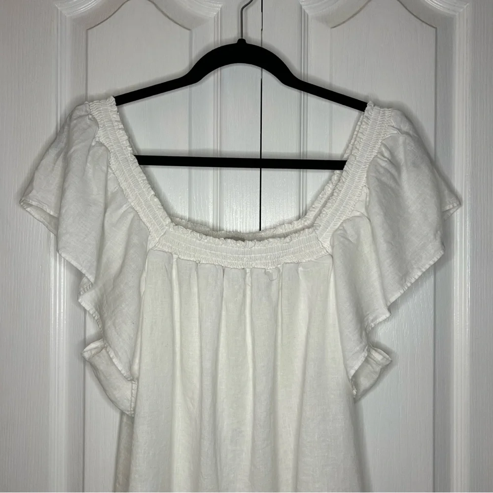 A New Day XL White Linen Blend Smocked Flutter Sleeve Blouse Cottagecore